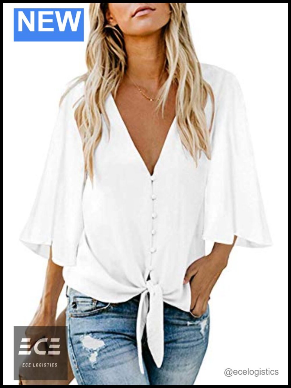Womens Button Down V Neck Tie Knot Front Blouse 3/4 Ruffle Sleeve Loose Fit